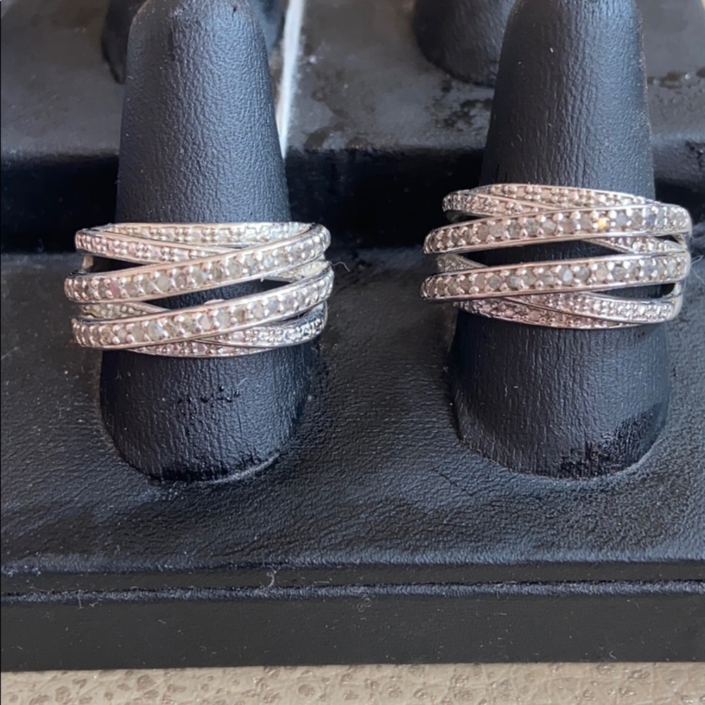 Sterling silver pave diamond double layer ring